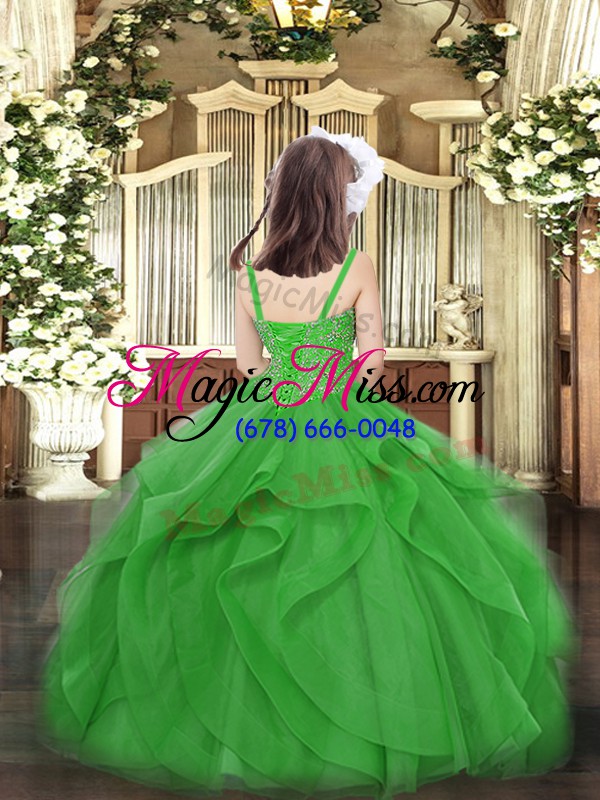 wholesale straps sleeveless little girls pageant dress floor length beading and ruffles olive green tulle