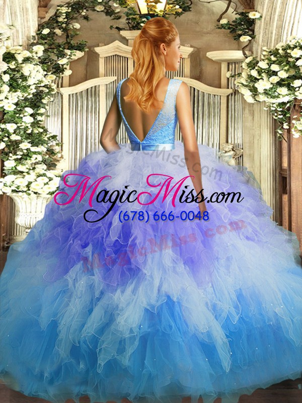 wholesale multi-color ball gowns scoop sleeveless tulle floor length backless beading and ruffles sweet 16 dresses