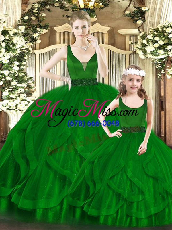 wholesale green zipper ball gown prom dress beading and ruffles sleeveless floor length