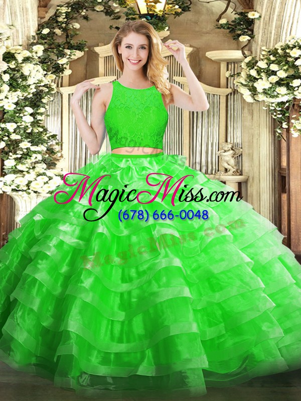 wholesale organza scoop sleeveless zipper lace and ruffled layers quince ball gowns in green