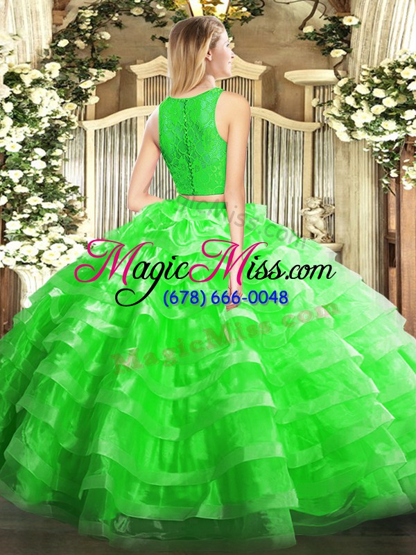 wholesale organza scoop sleeveless zipper lace and ruffled layers quince ball gowns in green