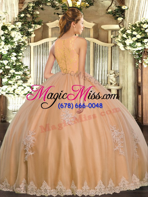 wholesale rose pink ball gowns scoop sleeveless tulle floor length clasp handle lace and appliques ball gown prom dress