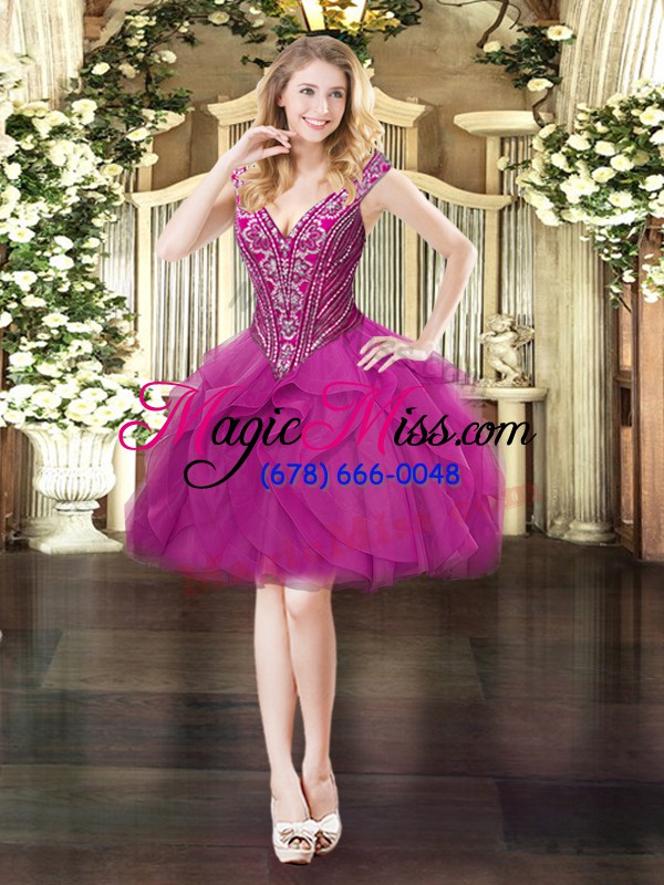 wholesale excellent fuchsia lace up v-neck beading and ruffles quinceanera dress organza sleeveless