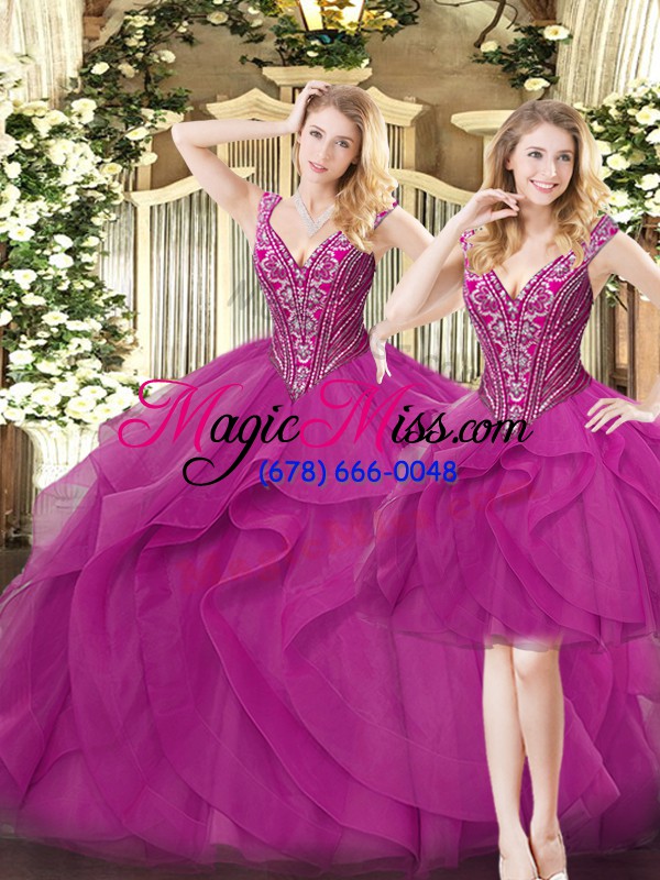 wholesale excellent fuchsia lace up v-neck beading and ruffles quinceanera dress organza sleeveless