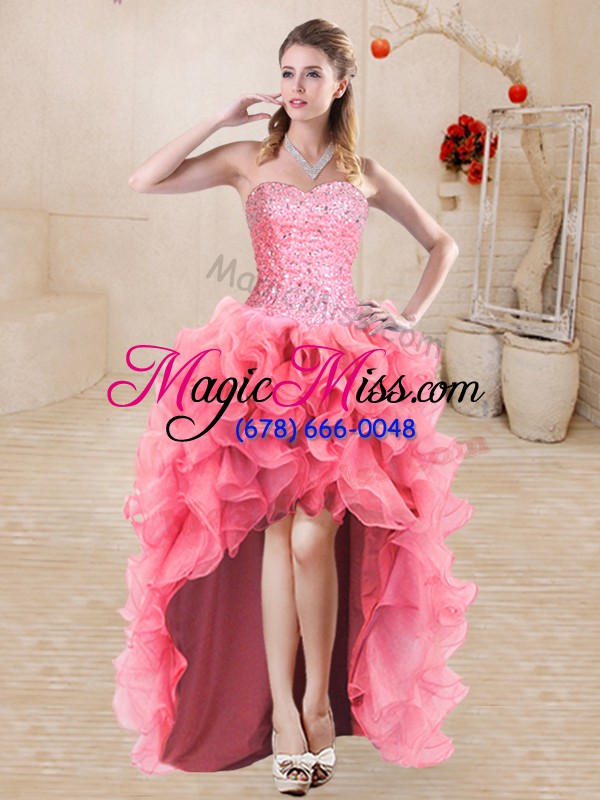 wholesale high quality watermelon red organza lace up quinceanera dress sleeveless floor length beading and ruffles