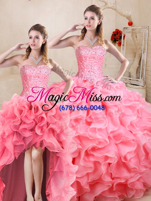 wholesale high quality watermelon red organza lace up quinceanera dress sleeveless floor length beading and ruffles