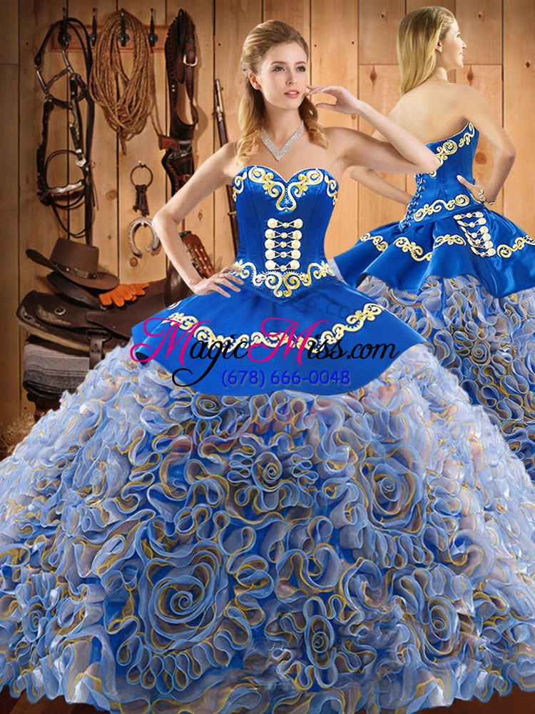 wholesale custom designed sleeveless fabric with rolling flowers sweep train lace up quinceanera gown in multi-color with embroidery