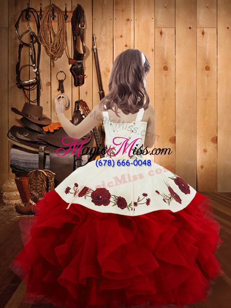 wholesale fuchsia lace up little girl pageant gowns embroidery and ruffles sleeveless floor length