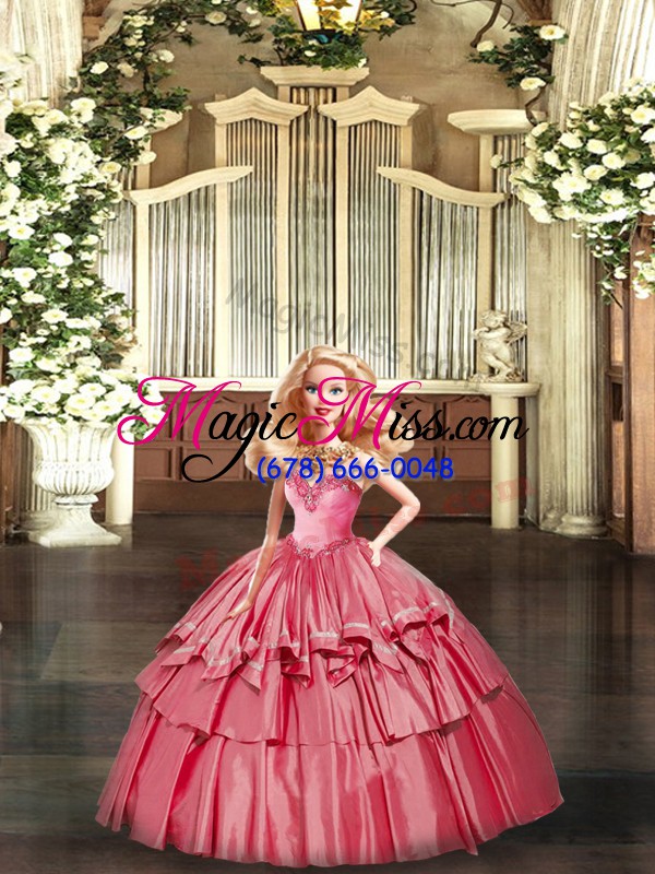 wholesale shining watermelon red organza lace up 15th birthday dress sleeveless floor length ruffled layers