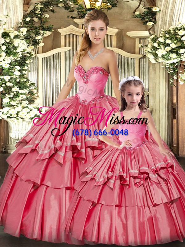 wholesale shining watermelon red organza lace up 15th birthday dress sleeveless floor length ruffled layers