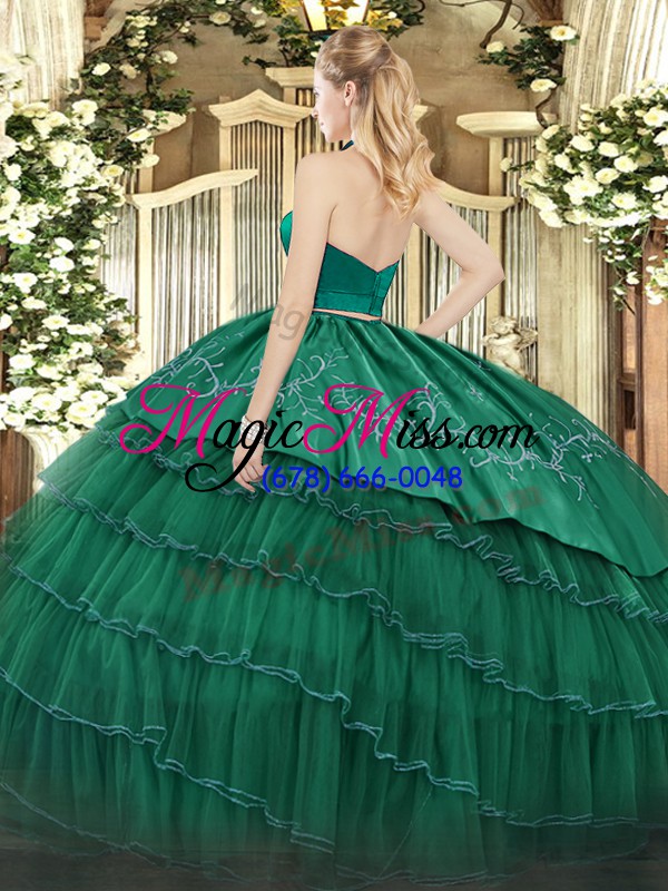 wholesale flare green tulle zipper 15 quinceanera dress sleeveless floor length embroidery