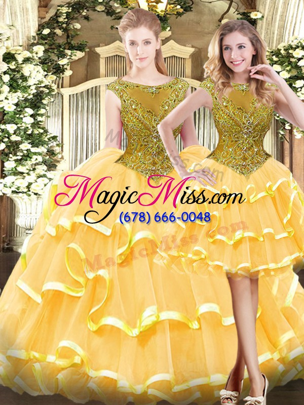 wholesale sumptuous gold zipper scoop beading and ruffled layers quinceanera gowns tulle sleeveless