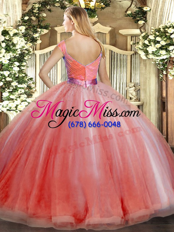 wholesale sumptuous hot pink tulle zipper v-neck sleeveless floor length vestidos de quinceanera beading and ruffles