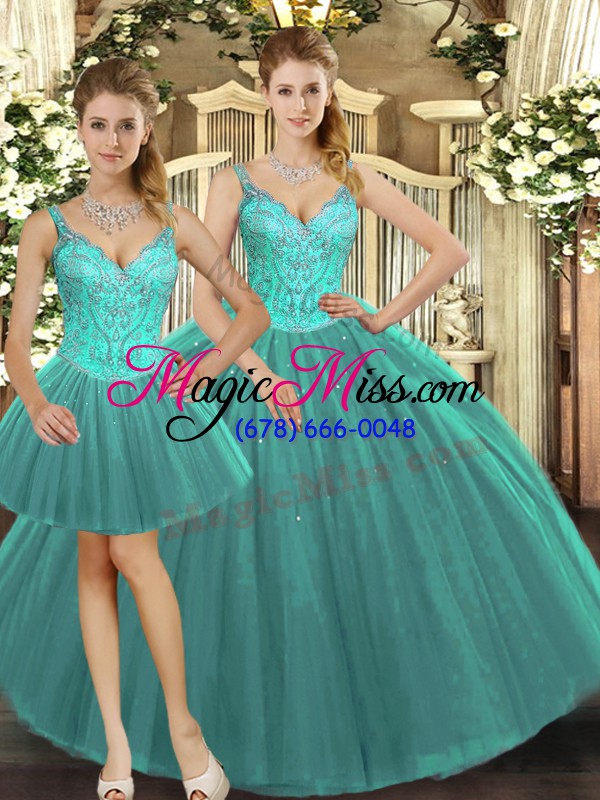 wholesale enchanting straps sleeveless lace up sweet 16 dresses turquoise tulle