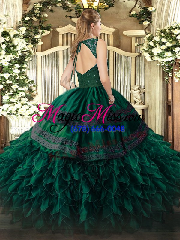 wholesale artistic green zipper v-neck beading and appliques and ruffles quinceanera dress organza sleeveless