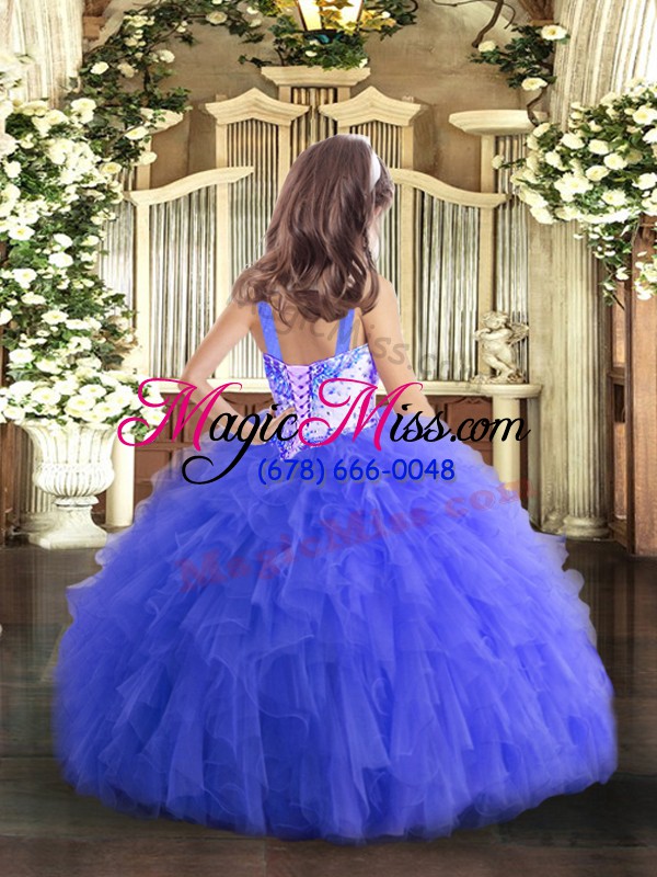 wholesale fuchsia tulle lace up pageant gowns for girls sleeveless floor length beading and ruffles