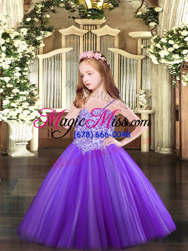 wholesale custom designed lavender sleeveless floor length appliques lace up little girls pageant gowns