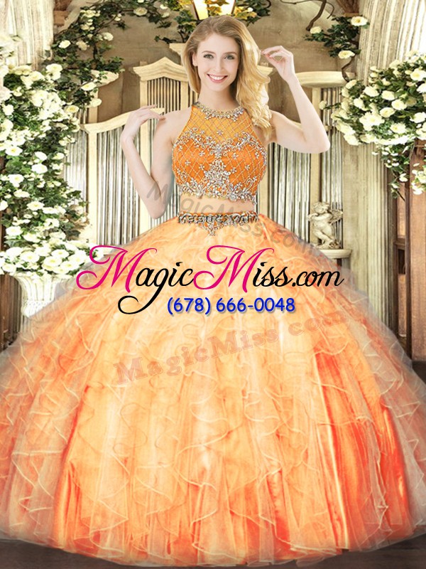 wholesale traditional scoop sleeveless zipper quinceanera dress orange red organza