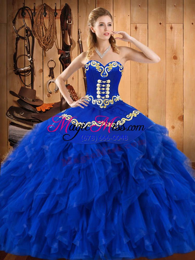 wholesale smart sweetheart sleeveless lace up quince ball gowns blue satin and organza