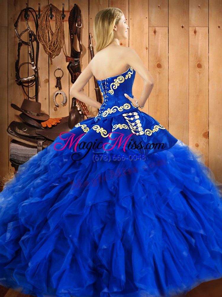 wholesale smart sweetheart sleeveless lace up quince ball gowns blue satin and organza