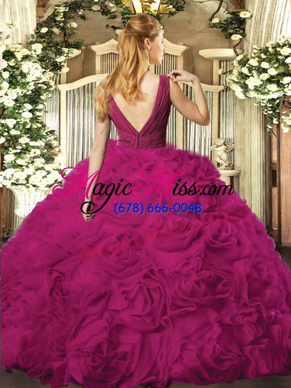 wholesale discount v-neck sleeveless backless quince ball gowns blue fabric with rolling flowers