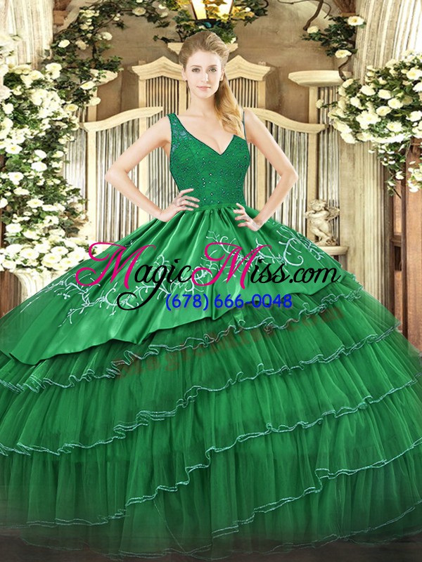 wholesale sexy ball gowns sweet 16 quinceanera dress green v-neck satin and tulle sleeveless floor length zipper