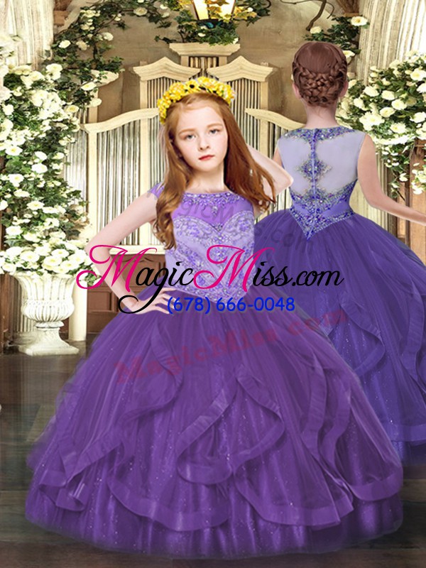 wholesale scoop sleeveless ball gown prom dress floor length beading and ruffles purple organza