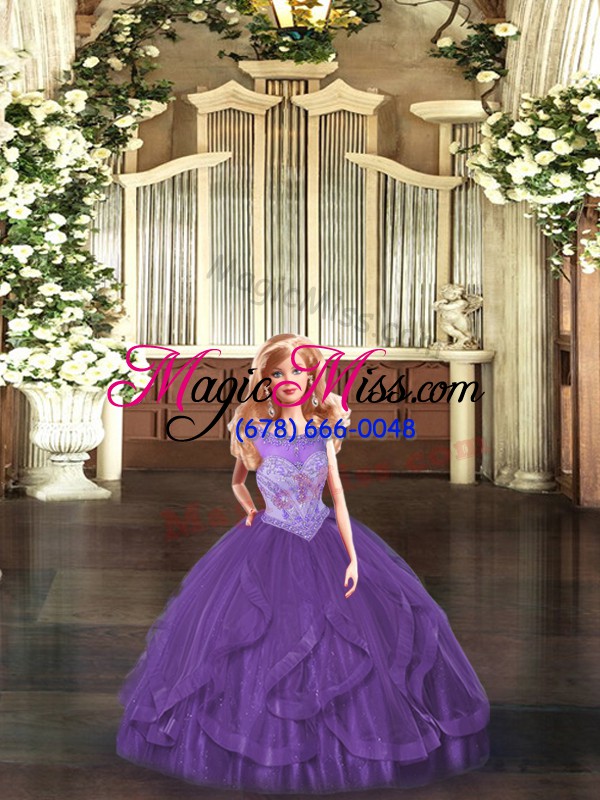 wholesale scoop sleeveless ball gown prom dress floor length beading and ruffles purple organza