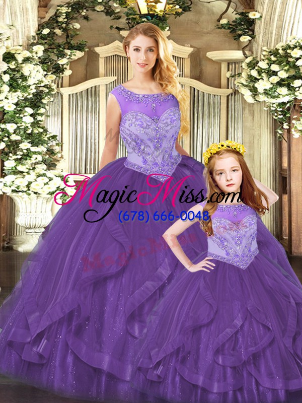 wholesale scoop sleeveless ball gown prom dress floor length beading and ruffles purple organza