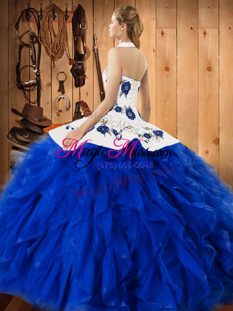 wholesale green sweet 16 dresses military ball and sweet 16 and quinceanera with embroidery and ruffles halter top sleeveless lace up