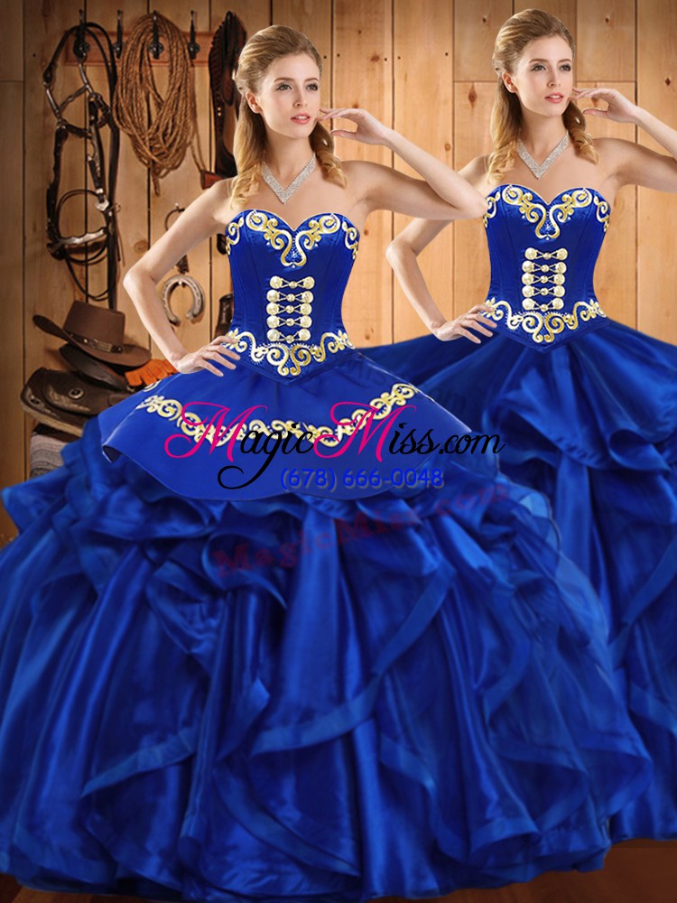 wholesale high class royal blue organza lace up 15 quinceanera dress sleeveless floor length embroidery and ruffles