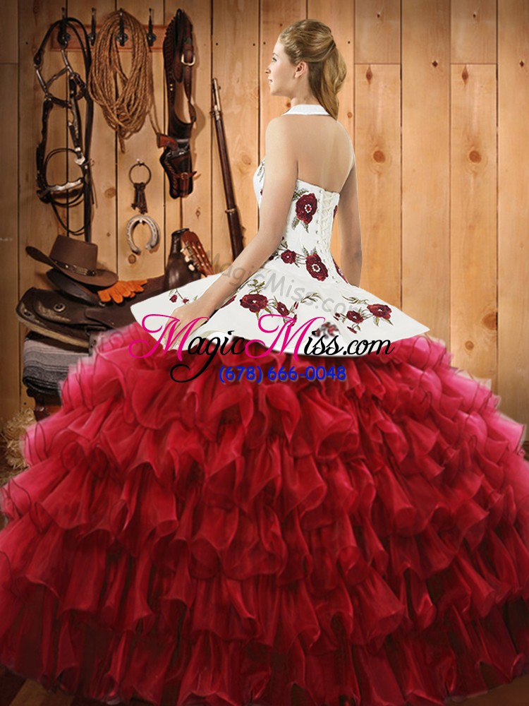 wholesale best green halter top neckline embroidery and ruffled layers sweet 16 quinceanera dress long sleeves lace up