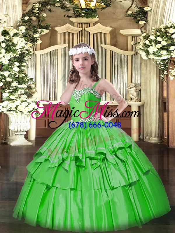 wholesale perfect straps sleeveless kids pageant dress floor length beading and ruffled layers green organza and taffeta