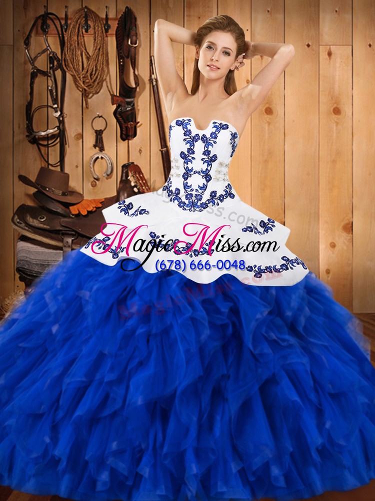 wholesale ball gowns vestidos de quinceanera royal blue strapless satin and organza sleeveless floor length lace up