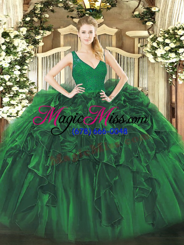 wholesale organza v-neck sleeveless zipper beading and ruffles quinceanera dresses in dark green