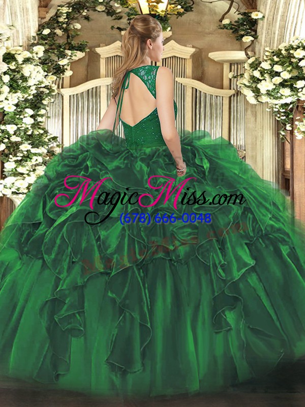 wholesale organza v-neck sleeveless zipper beading and ruffles quinceanera dresses in dark green