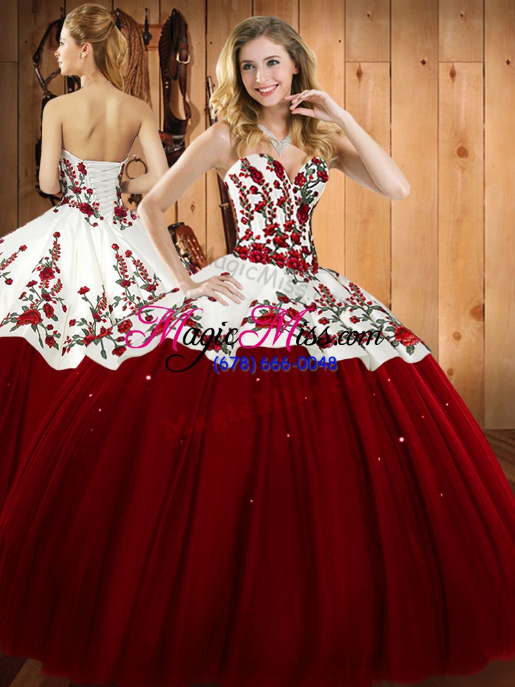 wholesale wine red sweetheart lace up embroidery sweet 16 dress sleeveless