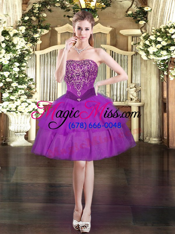 wholesale eggplant purple ball gowns strapless sleeveless tulle floor length lace up beading and ruffled layers sweet 16 dresses