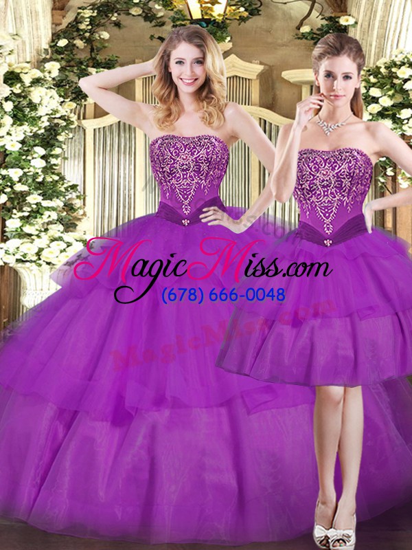 wholesale eggplant purple ball gowns strapless sleeveless tulle floor length lace up beading and ruffled layers sweet 16 dresses