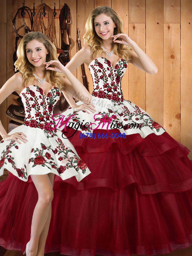 wholesale stylish embroidery quince ball gowns wine red lace up sleeveless sweep train