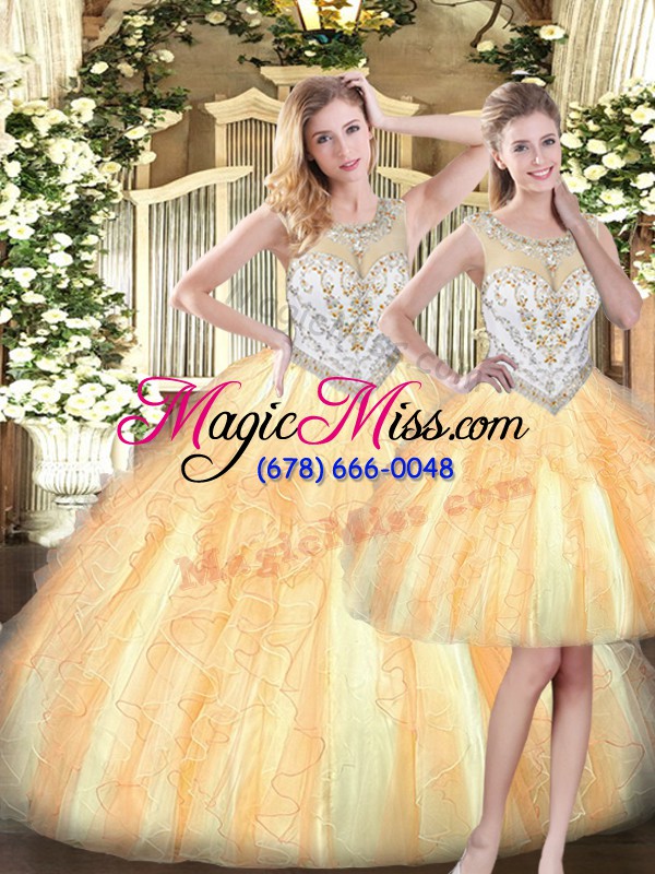 wholesale custom fit gold zipper quinceanera gowns beading and ruffles sleeveless floor length