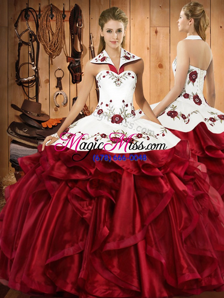 wholesale colorful wine red organza lace up quinceanera dress sleeveless floor length embroidery and ruffles