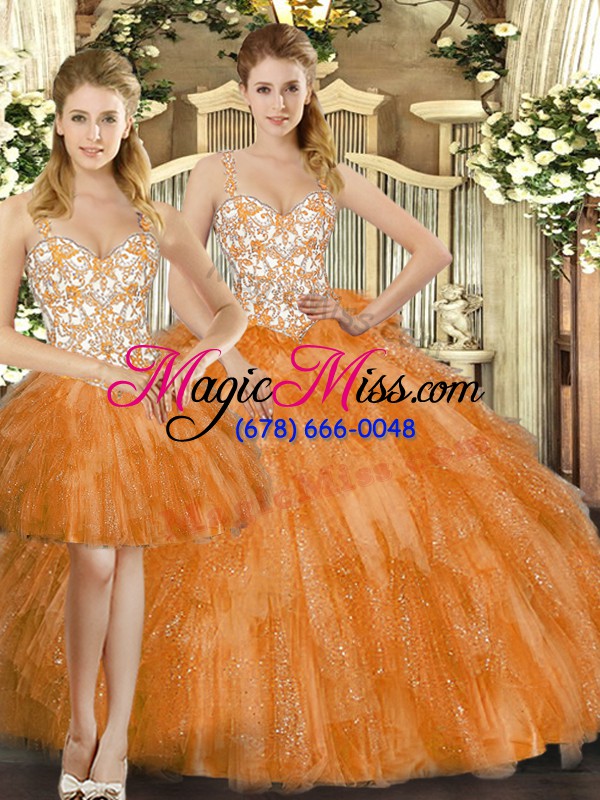 wholesale floor length orange red ball gown prom dress straps sleeveless lace up