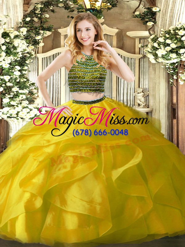 wholesale glittering yellow sleeveless beading and ruffles floor length quince ball gowns