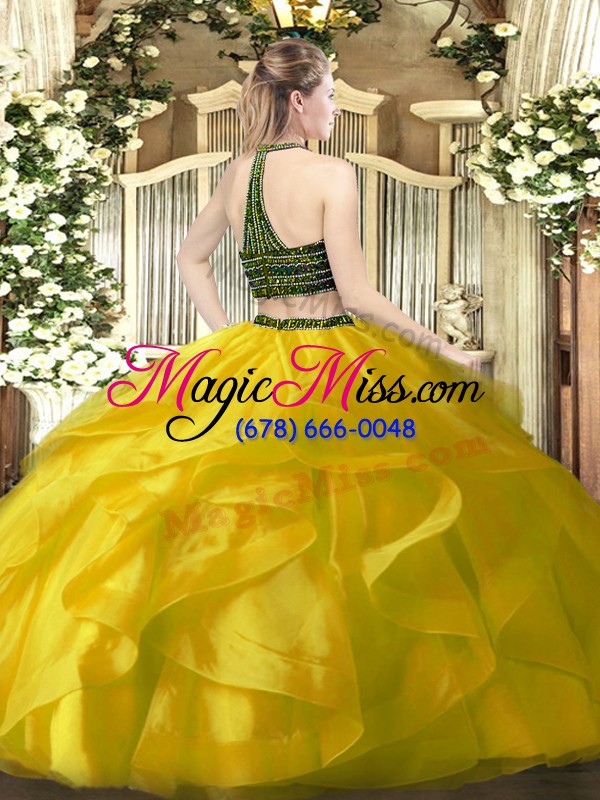 wholesale glittering yellow sleeveless beading and ruffles floor length quince ball gowns