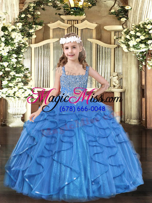 wholesale glorious baby blue sleeveless beading and ruffles floor length kids pageant dress