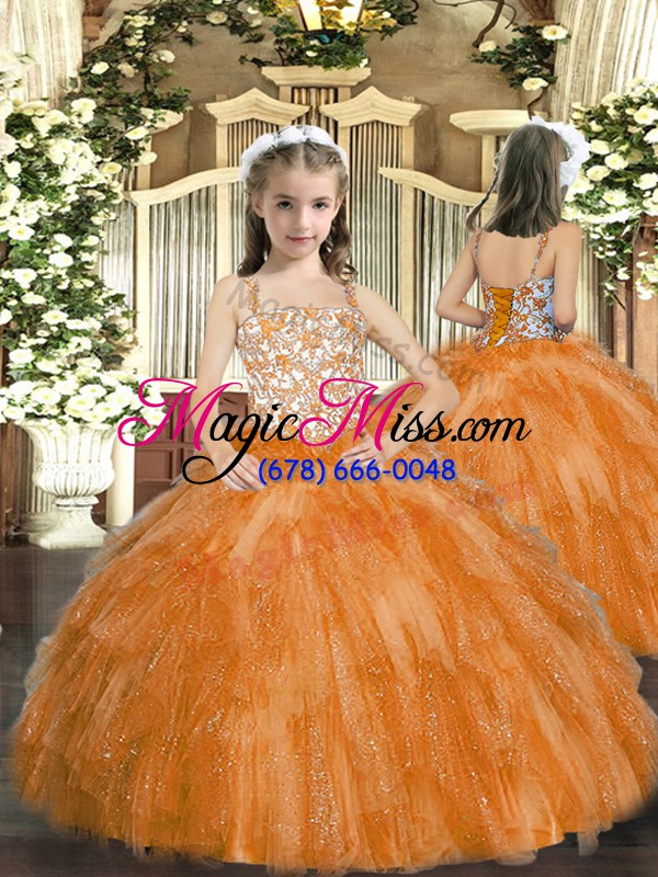 wholesale orange red lace up straps beading and ruffles quince ball gowns organza sleeveless