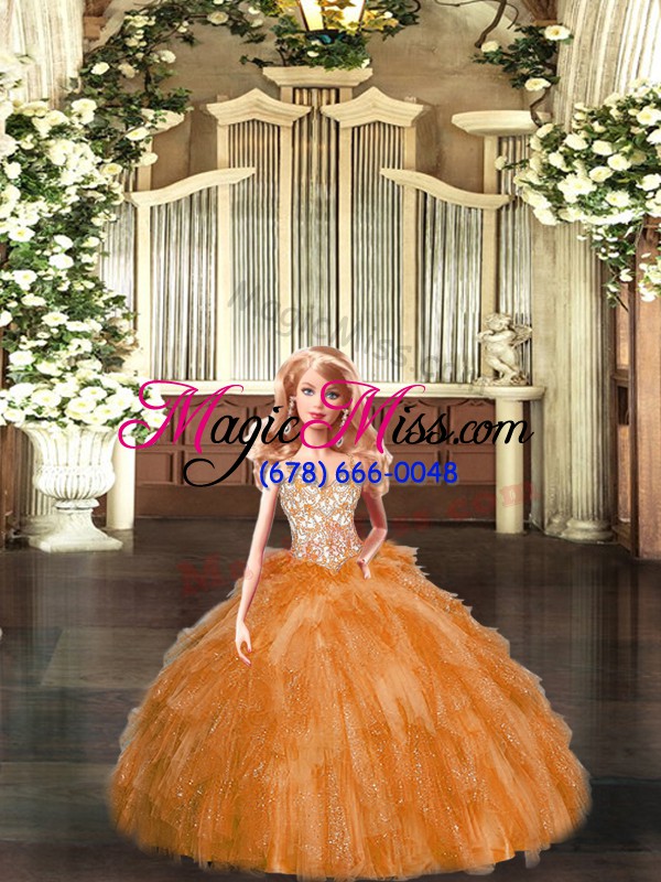 wholesale orange red lace up straps beading and ruffles quince ball gowns organza sleeveless