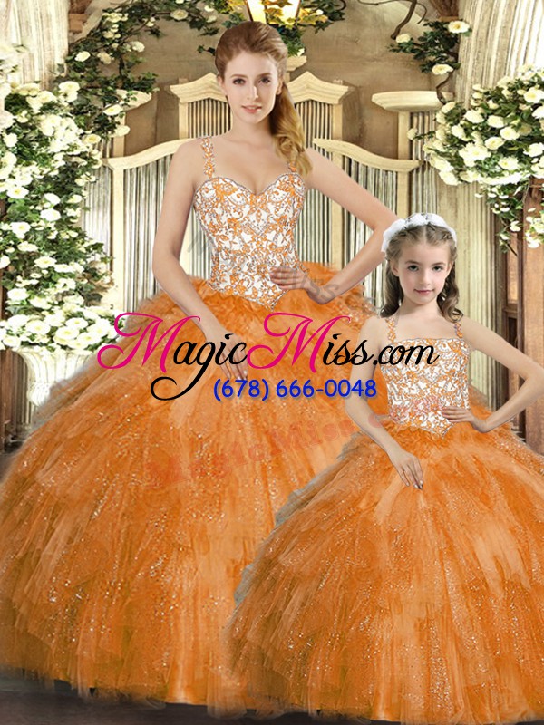 wholesale orange red lace up straps beading and ruffles quince ball gowns organza sleeveless