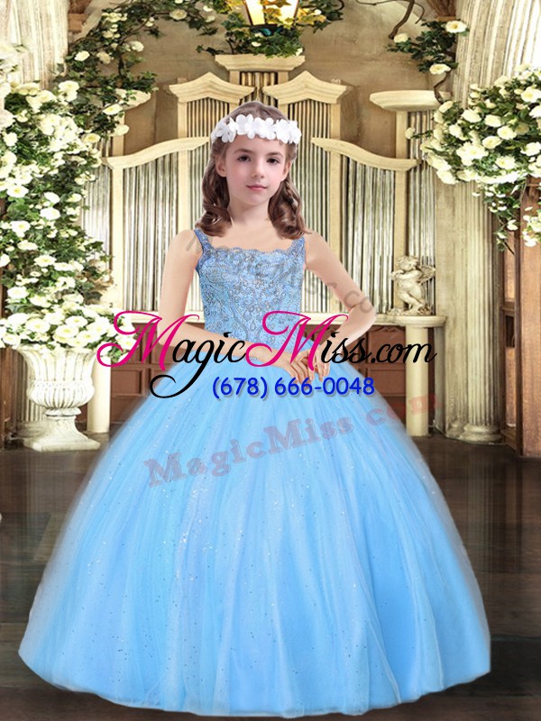 wholesale inexpensive straps sleeveless lace up little girl pageant dress baby blue tulle